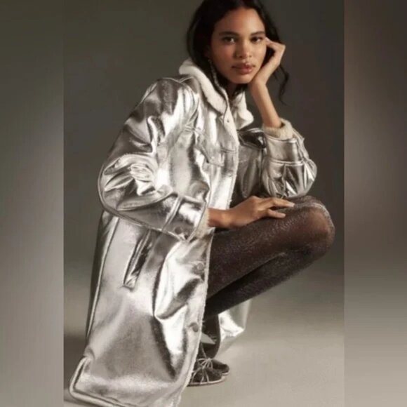 NWT 7 For All Mankind Silver Faux Shearling Coat Jacket Size S - Picture 4 of 12